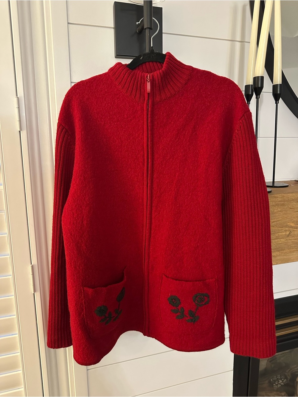 Rina Rossi 100% WOOL Red Zip-Up Knit Cardigan with Embroidered Pockets